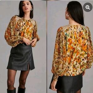 Anthropologie Bl^Nk London Sequin Sheer Metallic Puff Sleeve Floral Blouse XS